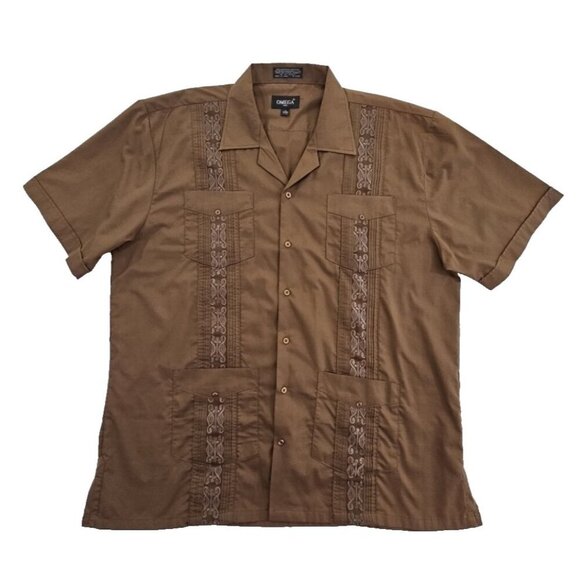 Omega Cubavera Shirt Mens XL Button Down Brown Embroidered 4 Pocket Italy EUC LN - Picture 1 of 14